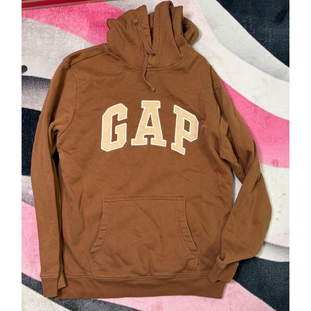 Gap Womens Logo Fleece Hoodie Brown Tan Arch Logo Pullover Sweatshirt Size M